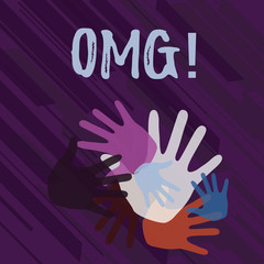 Handwriting text Omg. Concept meaning Oh my good abbreviation Modern Astonishment expression Color Hand Marks of Different Sizes Overlapping for Teamwork and Creativity.