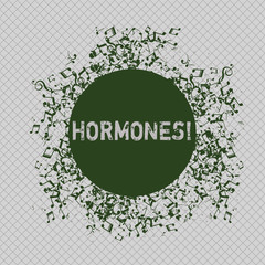 Writing note showing Hormones. Business photo showcasing Regulatory substance produced in an organism to stimulate cells Disarrayed Jumbled Musical Notes Icon with Colorful Circle.