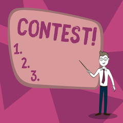 Fototapeta na wymiar Word writing text Contest. Business concept for Game Tournament Competition Event Trial Conquest Battle Struggle Confident Man in Tie, Eyeglasses and Stick Pointing to Blank Colorful Board.