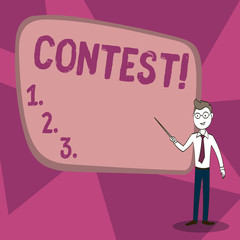 Word writing text Contest. Business concept for Game Tournament Competition Event Trial Conquest Battle Struggle Confident Man in Tie, Eyeglasses and Stick Pointing to Blank Colorful Board.