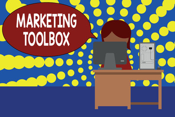 Word writing text Marketing Toolbox. Business concept for Means in promoting a product or services Automation Young female working office sitting desktop computer office monitor photo.