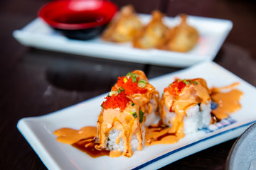 Salmon Spicy Rolls on the White Dish with Fried Crunchy Bread.