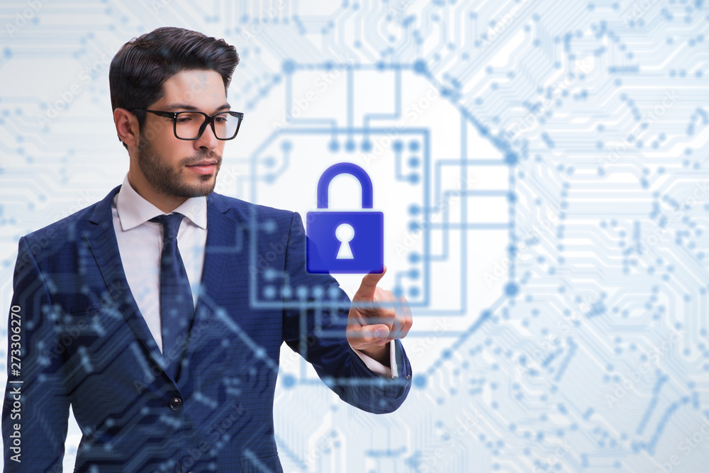 Aufkleber man in digital security concept pressing button