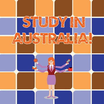 Conceptual hand writing showing Study In Australia. Business photo showcasing Graduate from oversea universities great opportunity Woman with Four Arms Extending Sideways Workers Needed Item.