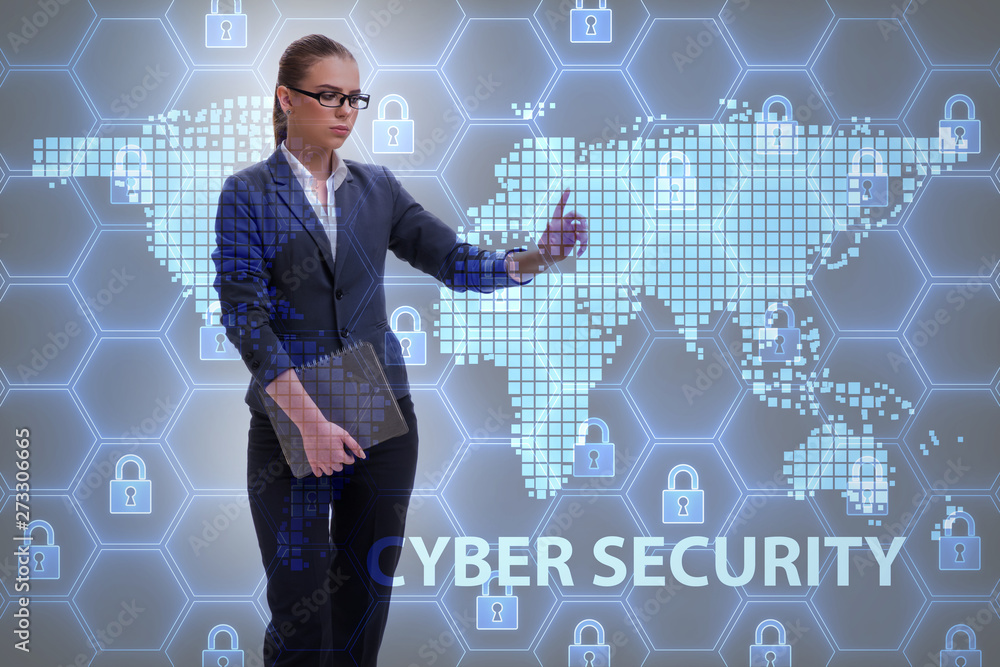 Poster man in digital security concept pressing button