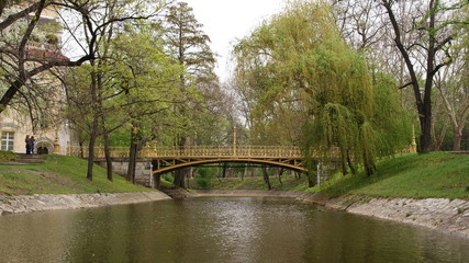 Fototapeta na wymiar Goldene Brücke über blauem Fluss im Wald neben Schloss