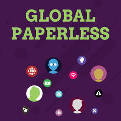 Fototapeta premium Word writing text Global Paperless. Business concept for going for technology methods like email instead of paper Networking Technical Icons with Chat Heads Scattered on Screen for Link Up.
