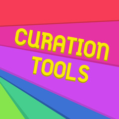 Fototapeta premium Handwriting text writing Curation Tools. Concept meaning Software used in gathering information relevant to a topic Multicolor Sheets of Cardboard Paper of Different Colors Placed Randomly.