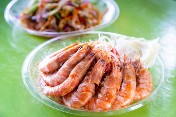 Close Up Fresh Shrimps Seafood on Plate.