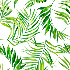 Tropical seamless pattern with exotic palm leaves. Tropical jungle foliage illustration. Exotic plants. Summer beach design. Paradise nature.