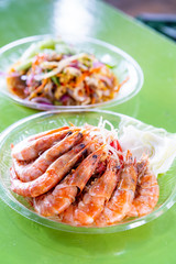 Close Up Fresh Shrimps Seafood on Plate.