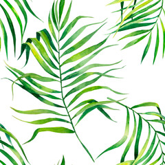 Tropical seamless pattern with exotic palm leaves. Tropical jungle foliage illustration. Exotic plants. Summer beach design. Paradise nature.