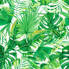 Tropical seamless pattern with exotic palm leaves. Tropical jungle foliage illustration. Exotic plants. Summer beach design. Paradise nature. - 273308432