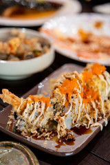 Tempura Fried Japanese Food on the Clay Tray.