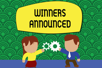 Word writing text Winners Announced. Business concept for Announcing who won the contest or any competition Standing young couple sharing gear. Man tie woman skirt commerce relation.