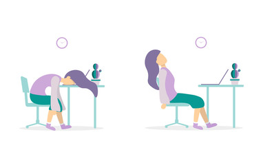 Professional burnout. Young exhausted woman sitting at the office. Long working day. Flat vector illustration isoleted on white background.