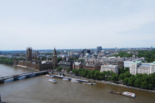 View from London Eye on Houses of Paliament and Westminster Pier