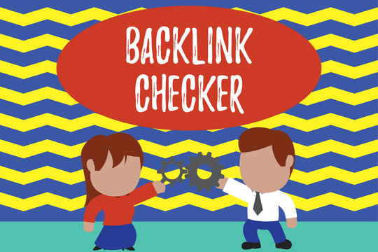Conceptual hand writing showing Backlink Checker. Business photo text Find your competitors most valuable ones and spot patterns Young couple sharing gear Man tie woman skirt relation.