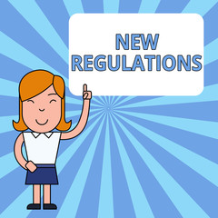 Writing note showing New Regulations. Business photo showcasing Regulation controlling the activity usually used by rules. Woman Standing with Raised Left Index Finger Pointing at Blank Text Box.