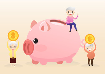 Retirement concept. Old man and woman with golden piggy bank. Carrying retirement savings pink piggy. Saving money for the future. vector, illustration.