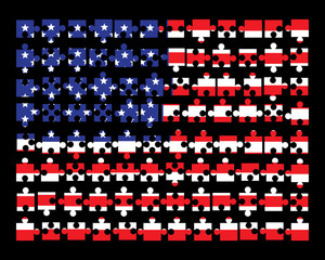 Flag of the USA jigsaw puzzle, isolated on black background.