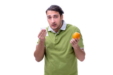 Young man suffering from allergy isolated on white