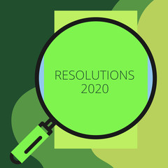 Writing note showing Resolutions 2020. Business photo showcasing list of things wishes to be fully done in next year Round magnifying glass with iron handle frame to look bigger.