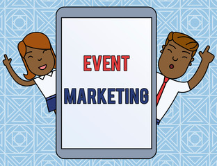 Word writing text Event Marketing. Business concept for describes process of developing display to promote product Male and Female Index Fingers Up Touch Screen Tablet Smartphone Device.