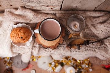 hot chocolate warming drink wool throw cozy autumn winter cookies, christmas holiday background, copy space, top view