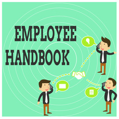 Conceptual hand writing showing Employee Handbook. Business photo text Document that contains an operating procedures of company Businessmen Coworker Conference Call Discussion Mobile Phone.