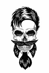 Monochrome illustration barbershop of skull with beard, mustache, hipster haircut and on white background, cartoon, angry, beautiful, brutal.