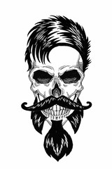 Monochrome illustration barbershop of skull with beard, mustache, hipster haircut and on white background, cartoon, angry, beautiful, brutal.
