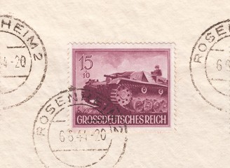 Fototapeta na wymiar Assault gun III. Armed forces day: Heroes memorial day.Postmark of the city Rosenheim,stamp Germany 1944