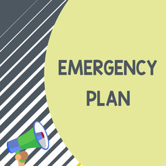 Writing note showing Emergency Plan. Business concept for Procedures for response to major emergencies Be prepared Old design of speaking trumpet loudspeaker for talking to audience
