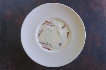 Traditional cold belorussian soup with beef, cucumber, radish and kefir