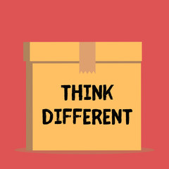Handwriting text Think Different. Conceptual photo be unique with your thoughts or attitude Wind of change Close up front view open brown cardboard sealed box lid. Blank background