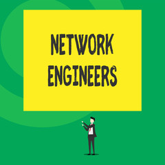 Word writing text Network Engineers. Business photo showcasing Technology professional Skilled in computer system Isolated view young man standing pointing upwards two hands big rectangle