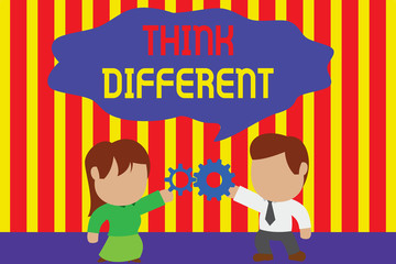 Writing note showing Think Different. Business concept for be unique with your thoughts or attitude Wind of change Young couple sharing gear Man tie woman skirt relation