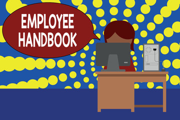 Word writing text Employee Handbook. Business photo showcasing Document that contains an operating procedures of company Young female working office sitting desktop computer office monitor photo