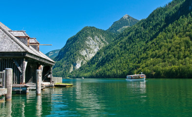 Fototapeta premium Boat and docks on Koenigssee lake in Bavaria