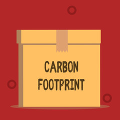 Word writing text Carbon Footprint. Business photo showcasing amount of dioxide released atmosphere result of activities Close up front view open brown cardboard sealed box lid. Blank background