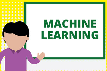 Text sign showing Machine Learning. Business photo text give computers the ability to be taught with data Young man standing in front whiteboard pointing to project. photo Art