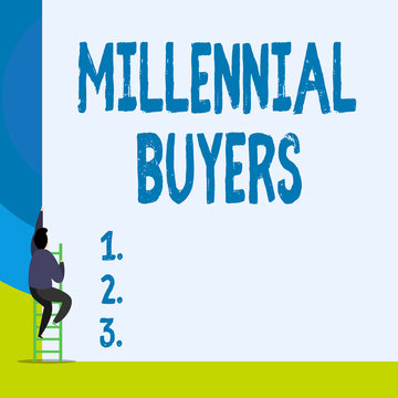 Word writing text Millennial Buyers. Business photo showcasing Type of consumers that are interested in trending products Back view young man climbing up staircase ladder lying big blank rectangle