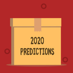 Word writing text 2020 Predictions. Business photo showcasing list of things you feel that going to happen without proof Close up front view open brown cardboard sealed box lid. Blank background