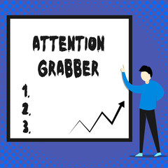 Writing note showing Attention Grabber. Business concept for Deanalysisding notice mainly by being prominent or outlandish Man standing pointing up blank rectangle Geometric background