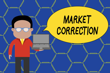 Conceptual hand writing showing Market Correction. Concept meaning When prices fall 10 percent from the 52 week high Man in suit wearing eyeglasses holding open laptop photo Art