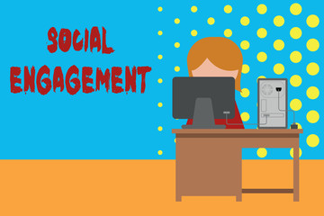 Conceptual hand writing showing Social Engagement. Concept meaning Degree of engagement in an online community or society Young female working in office computer office monitor photo