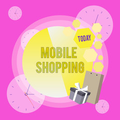 Conceptual hand writing showing Mobile Shopping. Concept meaning Buying and selling of goods and services through mobile Greeting Card Poster Gift Package Box Decorated by Bowknot