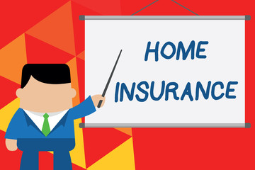Conceptual hand writing showing Home Insurance. Concept meaning Covers looses and damages and on accidents in the house Businessman standing in front projector pointing project idea