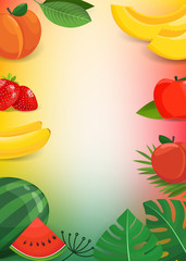 Summer fruits and leaves. Vertical vector background